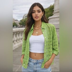 Lace-Texture Button-Down Shirt in Lime Green